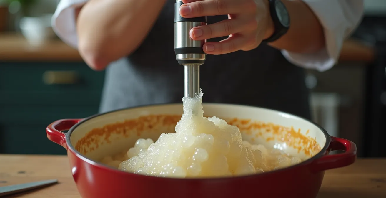 Main tenant un mixeur au-dessus d'une marinade sur-émulsionnée devenue mousseuse