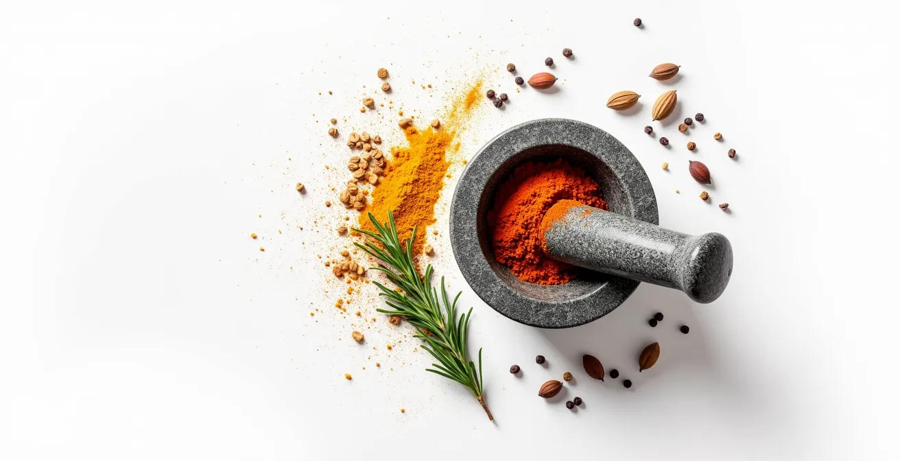Mortier en pierre avec épices fraîchement moulues pour marinade sèche